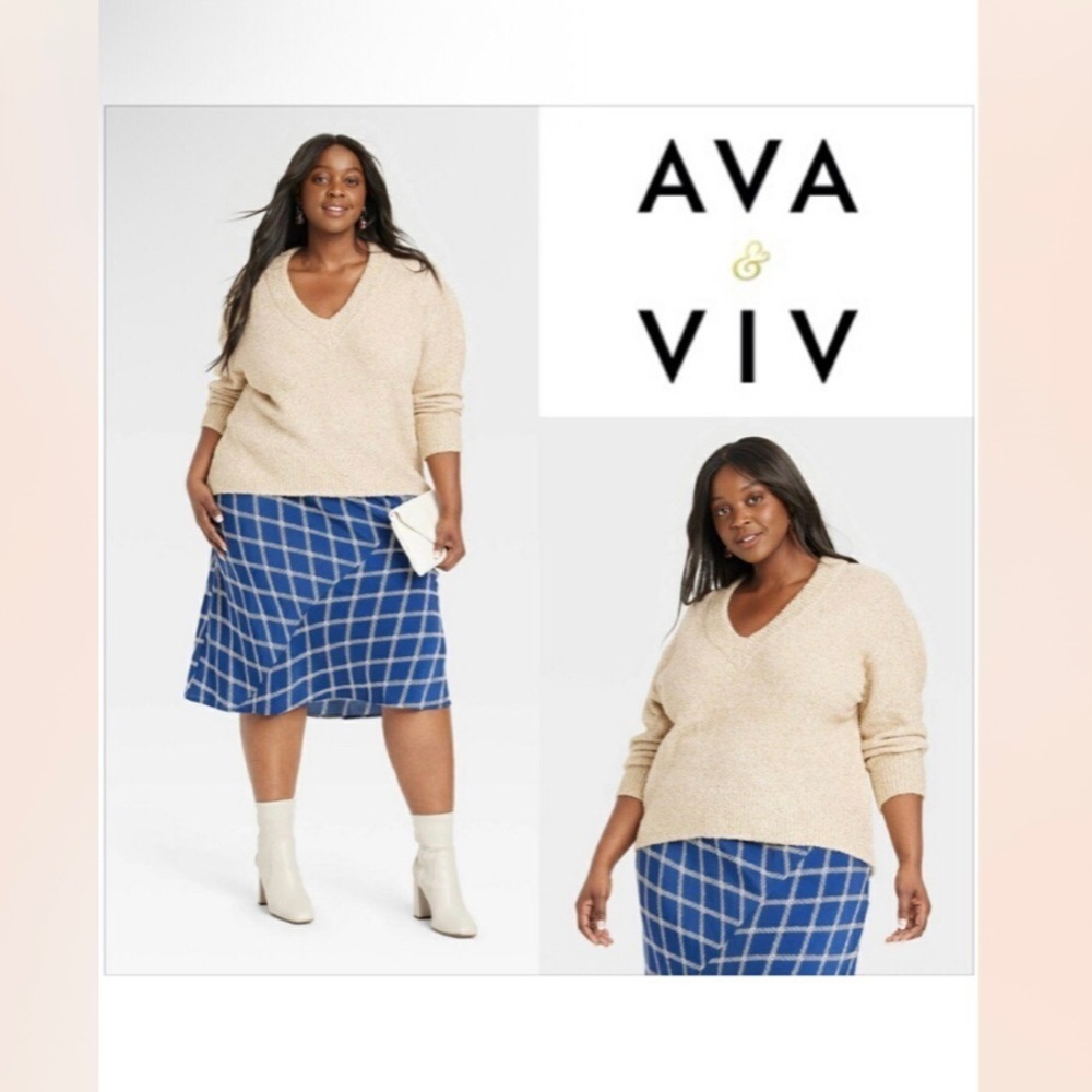 Ava & Viv Gold Shimmer Knit V-neck Stretch Long Sleeve Sweater Plus Size 1X